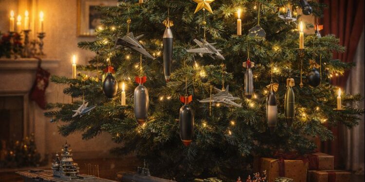 Weihnachtsbaum mit "Kriegsspielzeug", AI generiert von ChatGPT