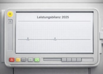 Elektrokardiogramm mit "Flatline" und der Überschrift "Leistungsbilanz 2025", AI generiert mit ChatGPT