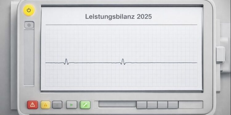 Elektrokardiogramm mit "Flatline" und der Überschrift "Leistungsbilanz 2025", AI generiert mit ChatGPT