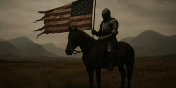 Ritter mit zerfetzter US-Flagge in imaginärer Berglandschaft, KI generiert