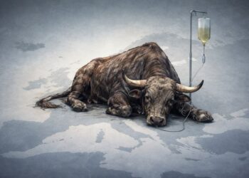 Ein alter, kranker Stier bekommt eine Infusion, auf einer Europa-Karte liegend. AI generiert.