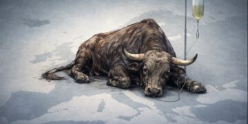 Ein alter, kranker Stier bekommt eine Infusion, auf einer Europa-Karte liegend. AI generiert.