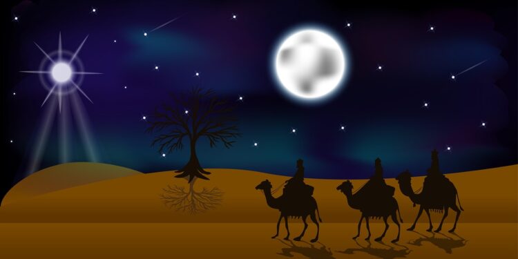 Die Heiligen Drei Könige auf Kamelen in der Wüste vor einem Nachthimmel mit Mond, Sternen und dem Stern von Betlhehem