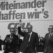 08.01.1983 CDU-Wahlkundgebung zur vorgezogenen Bundestagswahl am 06.03.1983. Von links: Peter Radunski, Heiner Geißler, Helmut Kohl, Bernhard Vogel
