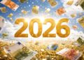 Jahreszahl 2026 und Geldscheine fallen vom Himmel, AI generiert