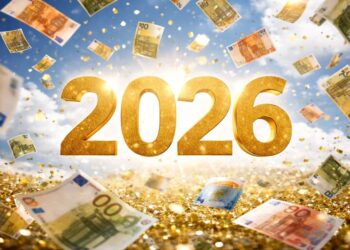 Jahreszahl 2026 und Geldscheine fallen vom Himmel, AI generiert