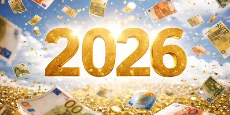 Jahreszahl 2026 und Geldscheine fallen vom Himmel, AI generiert