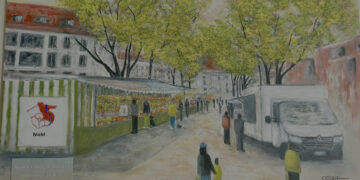 Wochenmarkt, Zeichnung: Wolfgang Schieffer (Waldmaler.de)   