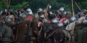 Wikinger mit Waffen und Schildern