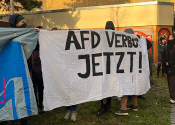 Banner für AfD Verbot auf Demonstration für Demokratie