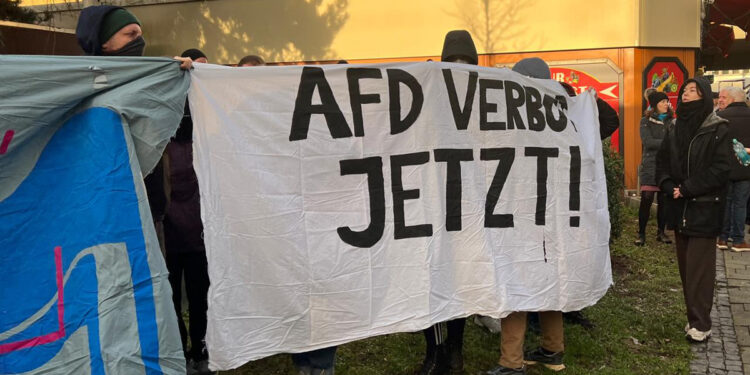 Banner für AfD Verbot auf Demonstration für Demokratie