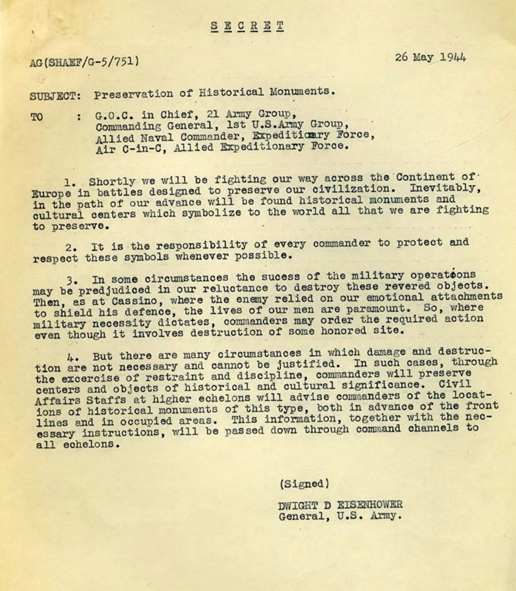 Anordnung des US-Militärs aus dem JAhr 1944 zur Gewährleistung des Schutzes der aufgelisteten Kulturgüter in Europa