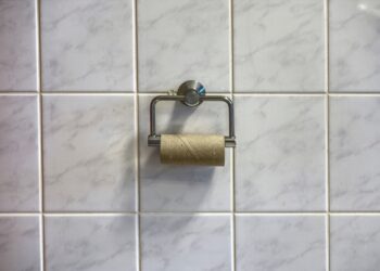 Leere Klopapierrolle an Halter vor gefliester Wand