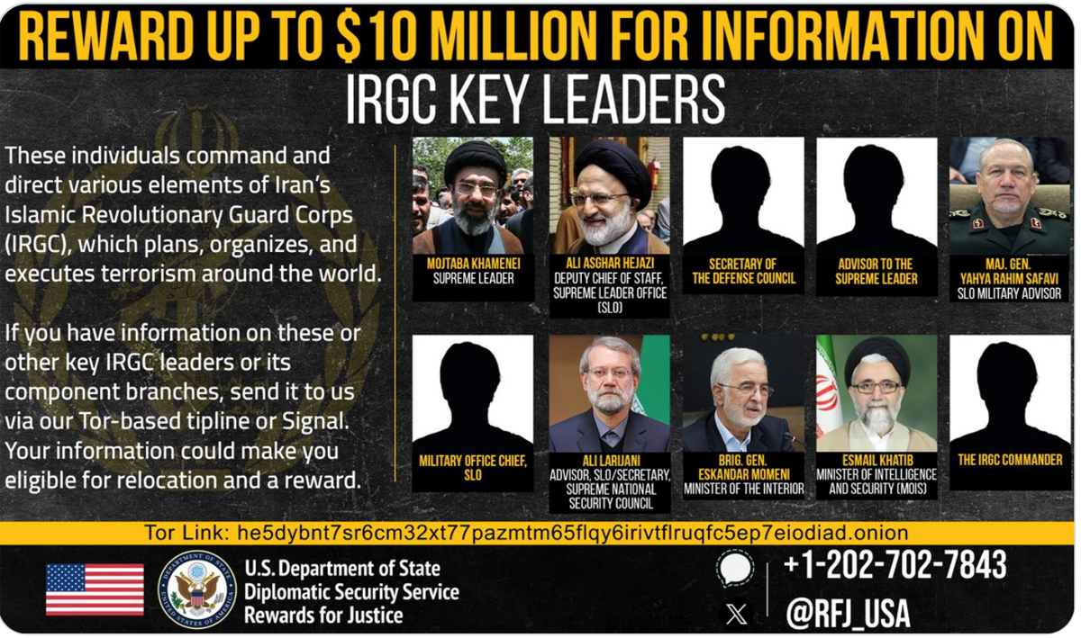 Anzeige der US-Regierung mit Belohungsversprechen für Informationen über die Führung der Iranischen Revolutionsgarden