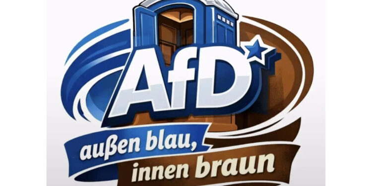 Grafik Mobiles Toilettenhäuschen mit Aufschrift: AfD, außen blau und innen braun, Screenshot TikT ok