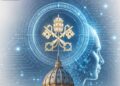 Wappen des Vatikan über einem KI-Symbol mit Profilansicht eines Roboters mit menschlichen Zügen, KI generiert.