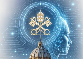 Wappen des Vatikan über einem KI-Symbol mit Profilansicht eines Roboters mit menschlichen Zügen, KI generiert.