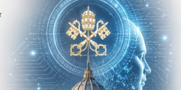 Wappen des Vatikan über einem KI-Symbol mit Profilansicht eines Roboters mit menschlichen Zügen, KI generiert.