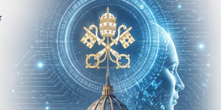 Wappen des Vatikan über einem KI-Symbol mit Profilansicht eines Roboters mit menschlichen Zügen, KI generiert.