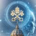 Wappen des Vatikan über einem KI-Symbol mit Profilansicht eines Roboters mit menschlichen Zügen, KI generiert.