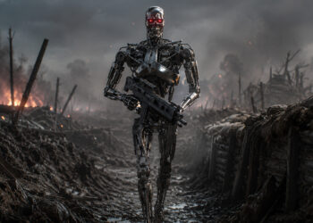 Dystopisches Bild von einem Kriegsschauplatz. In der Mitte ein bewaffneter Cyborg. Bild AI generiert.