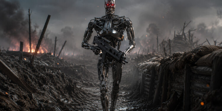 Dystopisches Bild von einem Kriegsschauplatz. In der Mitte ein bewaffneter Cyborg. Bild AI generiert.
