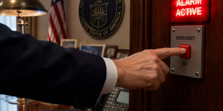 Hand, offensichtlich in einem Büro der US-administration drückt einen Alarm-Knopf. AI generiert mit ChatGPT
