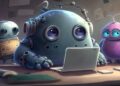 Kleine Monster-Roboter vor Laptop, AI generiert