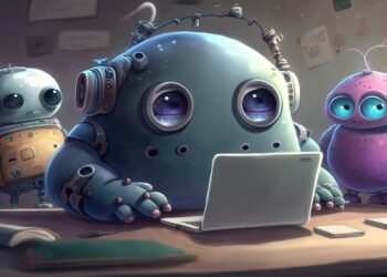 Kleine Monster-Roboter vor Laptop, AI generiert