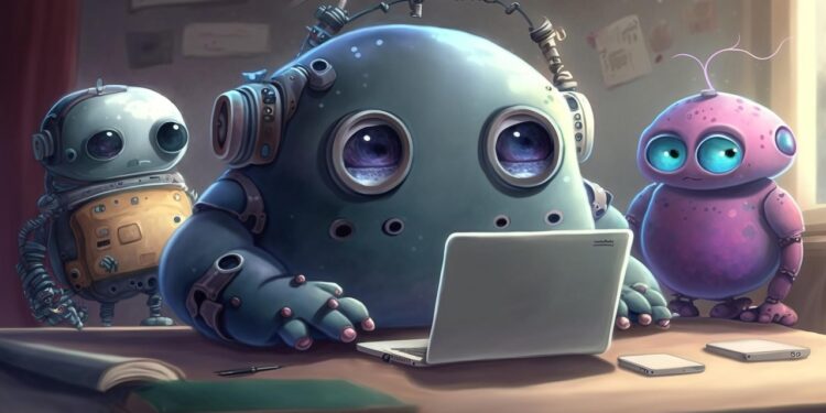Kleine Monster-Roboter vor Laptop, AI generiert