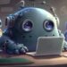 Kleine Monster-Roboter vor Laptop, AI generiert