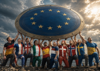 Großer altertümlicher Schild mit den 12 Europa-Sternen wird von 10 Europäern, einschl. der Ukraine gehalten. KI generiert von ChatGPT