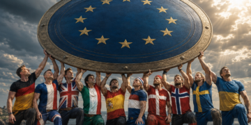 Großer altertümlicher Schild mit den 12 Europa-Sternen wird von 10 Europäern, einschl. der Ukraine gehalten. KI generiert von ChatGPT