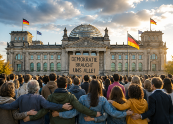 Menschenmenge vor dem Bundestag mit einem Plakat "Demokratie braucht uns alle". KI generiert mit ChatGPT