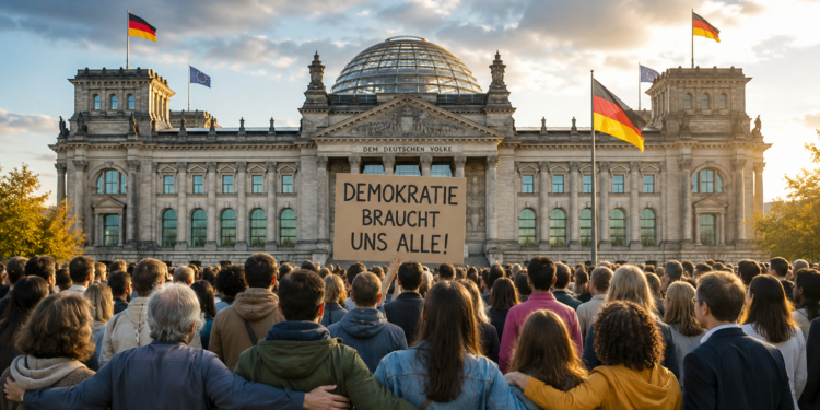 Menschenmenge vor dem Bundestag mit einem Plakat "Demokratie braucht uns alle". KI generiert mit ChatGPT