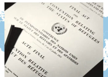 Ansicht des Vertrags der Flüchtlingskonvention vom 28.7.1951 vor Weltkarte
