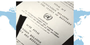Ansicht des Vertrags der Flüchtlingskonvention vom 28.7.1951 vor Weltkarte