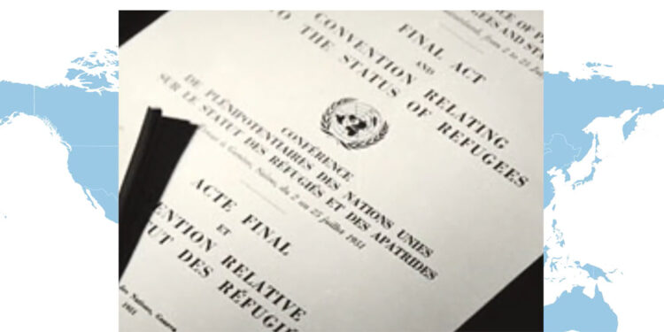 Ansicht des Vertrags der Flüchtlingskonvention vom 28.7.1951 vor Weltkarte