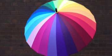 Regenschirm in Regenborgenfarben als Symbol frü den Schutz von Menschen mit Migrationsintergrund gegen Hate, Gewalt und Vertreibungsphantasien von AfD und anderen Nazis oder Rechtsextremisten.