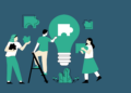 Illustration: Menschen setzen eine große Glühbirne aus Puzzle-Teilen zusammen. Symbolbild für "Brainstorming"