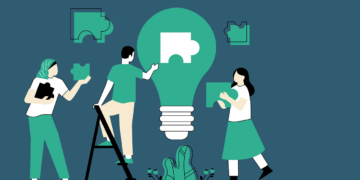 Illustration: Menschen setzen eine große Glühbirne aus Puzzle-Teilen zusammen. Symbolbild für "Brainstorming"