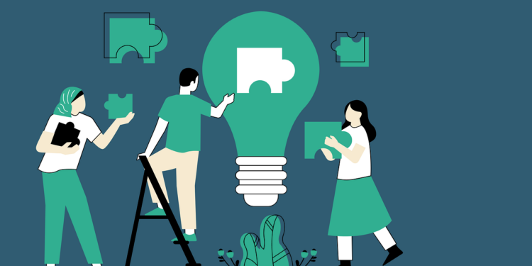 Illustration: Menschen setzen eine große Glühbirne aus Puzzle-Teilen zusammen. Symbolbild für "Brainstorming"