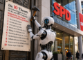 Roboter nagelt 10 Thesen zu KI von dem Erhard-Eppler-Kreis an die Tür der PArteizentrale der SPD-Parteizentrale in Berlin, KI generiert mit ChatGPT