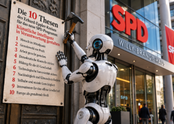 Roboter nagelt 10 Thesen zu KI von dem Erhard-Eppler-Kreis an die Tür der PArteizentrale der SPD-Parteizentrale in Berlin, KI generiert mit ChatGPT