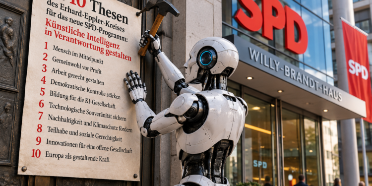 Roboter nagelt 10 Thesen zu KI von dem Erhard-Eppler-Kreis an die Tür der PArteizentrale der SPD-Parteizentrale in Berlin, KI generiert mit ChatGPT