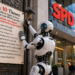 Roboter nagelt 10 Thesen zu KI von dem Erhard-Eppler-Kreis an die Tür der PArteizentrale der SPD-Parteizentrale in Berlin, KI generiert mit ChatGPT