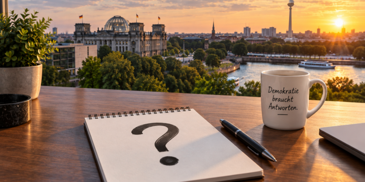 Skyline von Berlin, davor ein Schreibtisch mit einem Schreibblock, auf dem ein großes Fragezeichen steht. KI generiert mit ChatGPT.