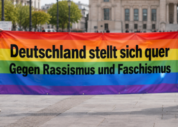 Regenbogen-Protestbnner "Deutschland stellt sich quer - Gegen Rassismus und Faschismus".KI generiert mit ChatGPT
