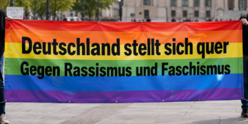 Regenbogen-Protestbnner "Deutschland stellt sich quer - Gegen Rassismus und Faschismus".KI generiert mit ChatGPT