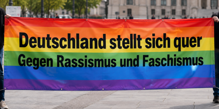 Regenbogen-Protestbnner "Deutschland stellt sich quer - Gegen Rassismus und Faschismus".KI generiert mit ChatGPT